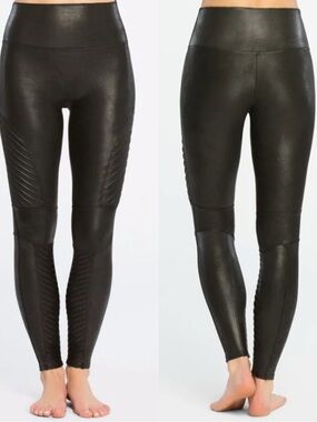 SPANX Slimming Shapewear Faux Leather Moto Leggings Tummy Control Black Small